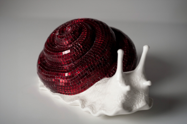 Pamela Canestrini Red snail mosaic sculpture