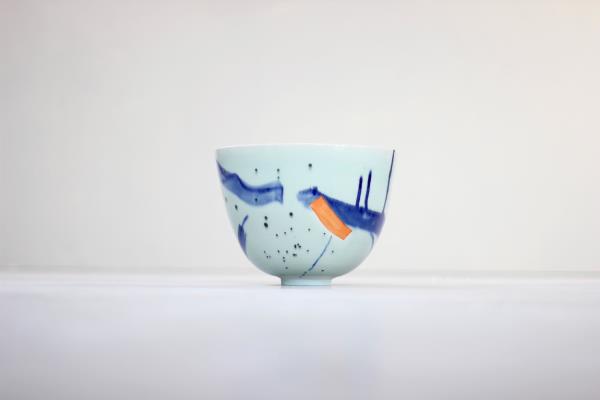 Adam Frew Large bowl, blue stripes and orange square