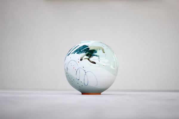 Adam Frew Medium round pot, green and orange abstract